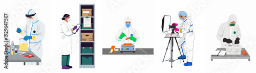 Scientists in protective suits perform various lab tasks, including sample handling, weighing, forensic photography, and evidence analysis, showcasing meticulous research and safety protocols.