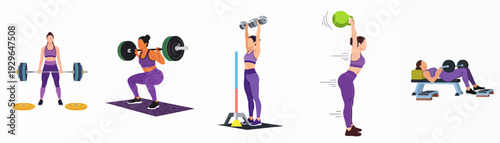 Woman performing various strength training exercises: deadlift, squat, overhead press, kettlebell swing, and hip thrust. A comprehensive workout illustration.