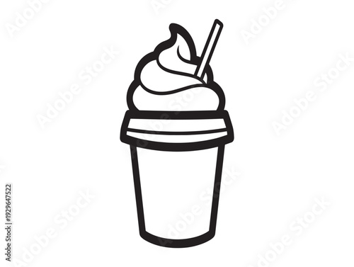 A black and white illustration of a frozen drink with whipped cream and a straw