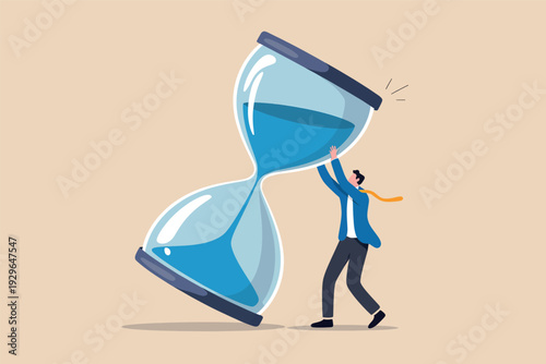 Businessman struggling to hold up a giant hourglass as time runs out concept illustration.