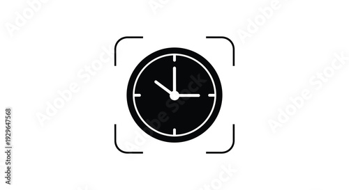 A stark black clock face is framed by a focusing square creating a minimalist composition silhouette high quality professional
