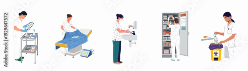 Nurses performing essential healthcare duties: preparing supplies, patient beds, practicing hygiene, organizing, and disposing of medical waste in a hospital setting.
