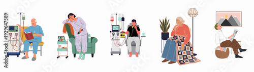 Illustrations of patients undergoing medical care like dialysis, and individuals relaxing at home, depicting modern healthcare, comfort, and daily life routines.