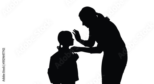 Vector graphic illustration of a loving mother preparing her young child for the first school day.