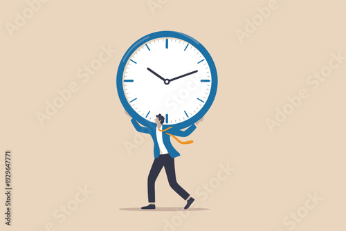 Businessman carrying a giant clock on his back representing time management and deadlines.