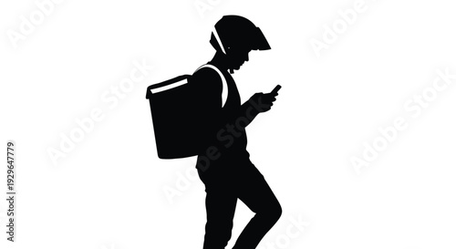 Silhouette vector graphic illustration of a delivery person checking smartphone while wearing a large insulated bag
