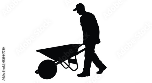 Silhouette graphic illustration of a construction worker pushing a wheelbarrow during manual labor tasks