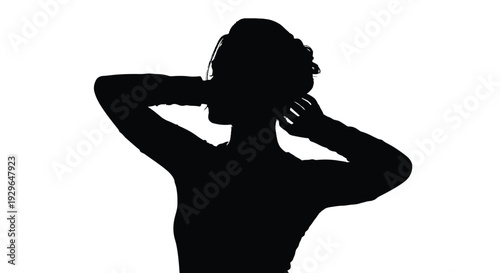 Striking black silhouette vector graphic illustration of a woman adjusting her elegant updo hairstyle