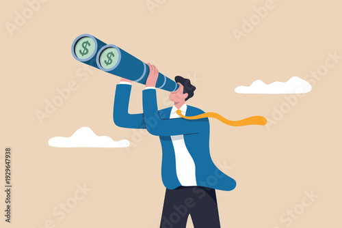 Businessman looking through binoculars with dollar signs searching for financial opportunities