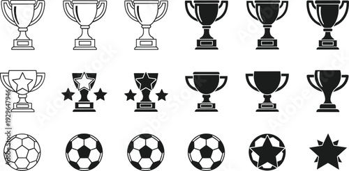 Trophy Cup and Soccer Ball Icon Set Award Championship Winner Sports Competition Vector Collection