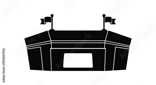 A stark black silhouette depicts a football stadium with flags showcasing architectural details and grand scale silhouette high quality