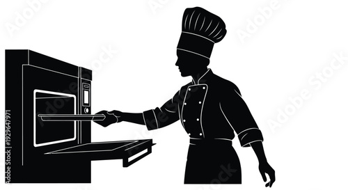 Professional chef silhouette illustration placing a baking tray into a commercial oven in a kitchen design
