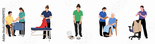 Occupational therapy scenes illustrating various rehabilitation activities, including hand exercises, dressing assistance, and fine motor skill development for diverse patients.