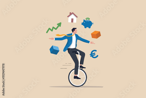 Businessman riding a unicycle while juggling various financial and life goal icons in the air.