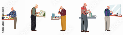 Elderly Man Managing Healthcare: A Series of Illustrations Depicting a Senior's Daily Activities with Prescriptions, Payments, and Medical Information.
