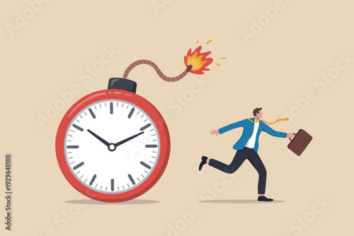 Businessman running away from a ticking time bomb clock representing deadline pressure