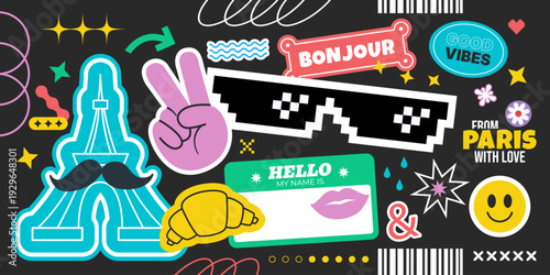 Paris pop art sticker collage set with Eiffel Tower croissant peace sign pixel sunglasses Bonjour From Paris With Love