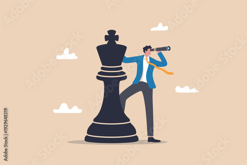 Professional businessman using a telescope while leaning on a giant chess king to plan strategy.