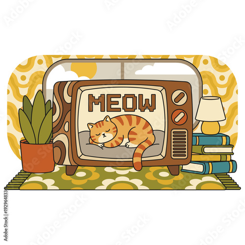 Vintage 70s Television Set with Sleeping Cat inside Screen
