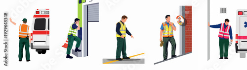 Essential Safety and Logistics Operations: Personnel managing emergency response, traffic, and workplace procedures with high-visibility gear.