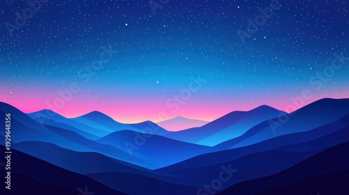 Vibrant starry night sky above majestic blue mountain ranges, a cosmic panorama in gradient hues.