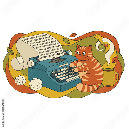 Cute Ginger Cat Typing Meow Text on Vintage Typewriter