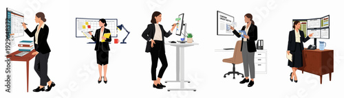 Businesswoman managing tasks, schedules, and meetings across multiple digital platforms and traditional tools, showcasing productivity and professional organization.