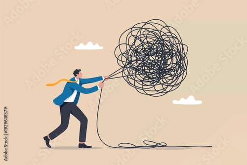 A businessman pulling a thread to untangle a massive messy knot of chaos and complex problems.
