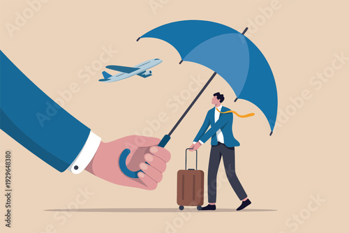 Conceptual illustration of a giant hand holding an umbrella to protect a traveler with luggage