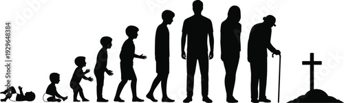 Human life cycle evolution flat vector illustration showing stages from baby to childhood adulthood old age and final grave, Human life cycle evolution