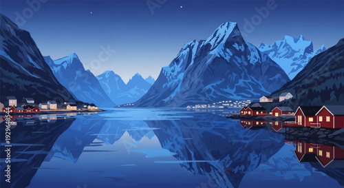 Serene fjord landscape with illuminated houses at dusk.