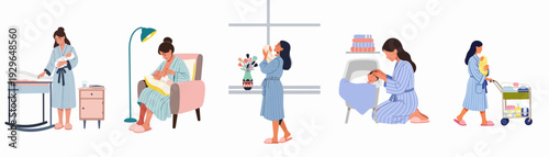 A tender collection of a new mother's daily routine caring for her newborn baby, showcasing feeding, bathing, comforting, and bonding moments.