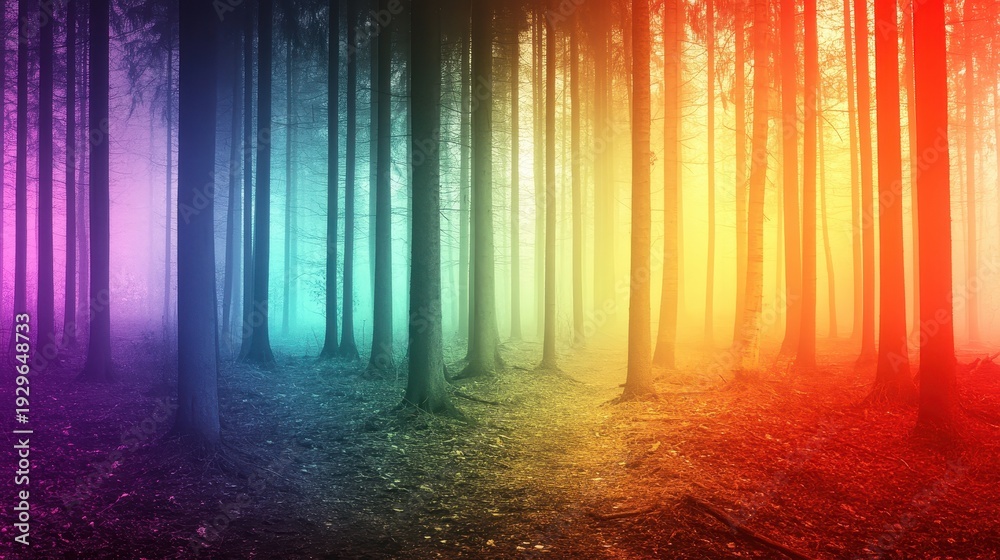 Fototapeta premium Vibrant, multicolored light beams illuminate a dense forest floor and towering tree trunks, creating a magical, atmospheric woodland scene.