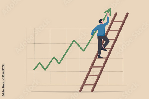 Businessman climbing a ladder to push a green growth arrow higher on a financial chart representation.