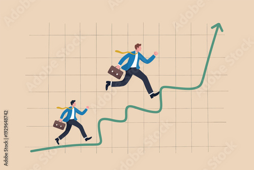 Businessmen running up a rising green arrow graph representing growth and success in business.