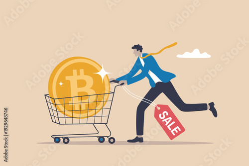 Businessman pushing a shopping cart with a large gold bitcoin coin on sale during a market dip.