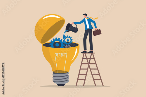 Businessman pouring oil into a lightbulb with gears symbolizing innovation and maintenance.