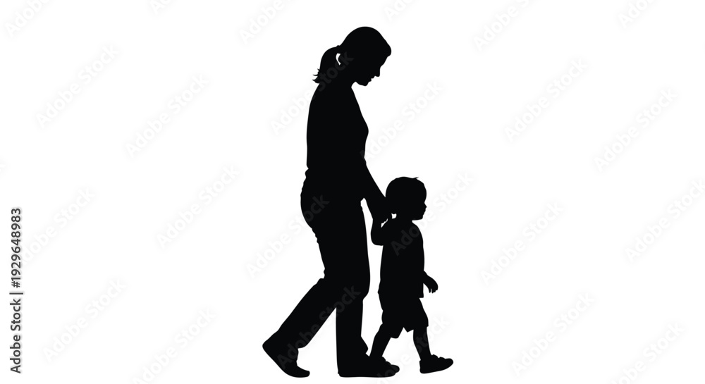 Obraz premium Stylized vector graphic illustration of a mother and child walking hand in hand, symbolizing family bond