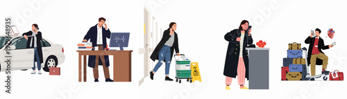 Modern people navigating daily stressors: work, travel, and personal life, all while constantly connected through phone calls and digital devices.