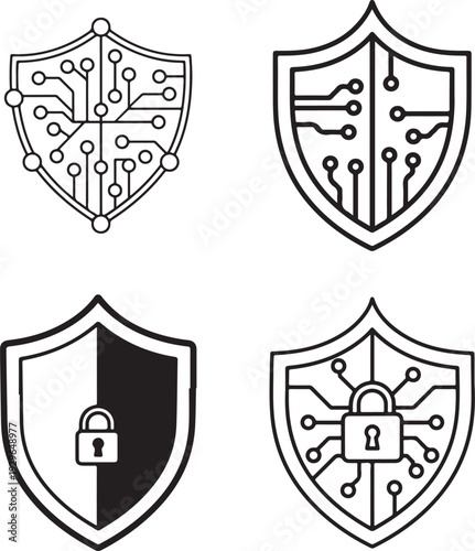 Minimal Cyber Security Shield Icon with Padlock – Clean Monochrome Outline Vector.