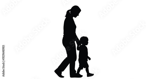 Stylized vector graphic illustration of a mother and child walking hand in hand, symbolizing family bond