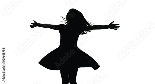 Black silhouette vector illustration of a happy young girl dancing with open arms celebrating freedom