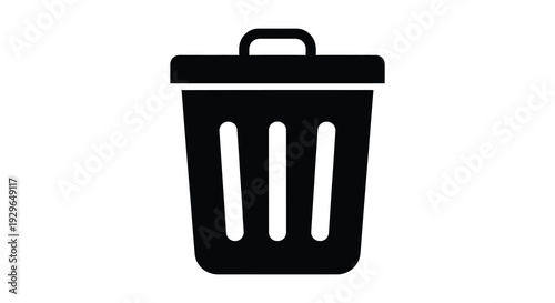 A stark black graphic depicts a waste container with a lid and three vertical lines a clean silhouette