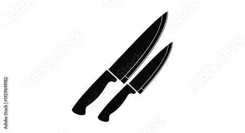 Two kitchen knives are displayed diagonally against a stark white background forming a bold silhouette high quality professional detailed