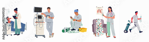 Healthcare professionals utilizing various medical equipment for patient care, including respiratory support, vital sign monitoring, and emergency services.