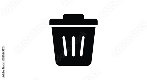 A simple black graphic depicts a waste bin with vertical lines representing slats in a stark silhouette high quality