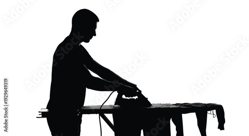 Monochromatic vector design showcasing a man diligently ironing his laundry on a household board