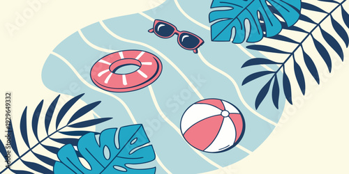 Colorful tropical beach elements including palm leaves and summer accessories. Perfect for seasonal banner, vacation promotion and travel themed graphic design.