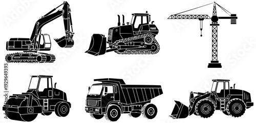 Heavy construction equipment set with crane and excavator