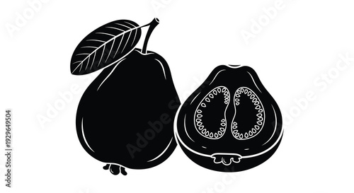 A striking black and white illustration depicts a guava fruit and its cross section in a bold silhouette high quality professional detailed